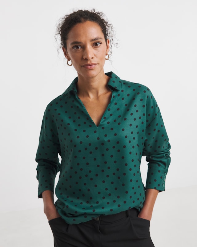 Green Spot Herringbone Collar Detail Popover Blouse