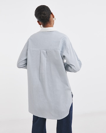 Womens Cotton Poplin Contrast Collar Oversized Shirt - Blue Stripe