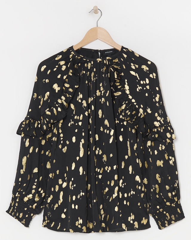Womens Satin High Neck Ruffle Raglan Sleeve Blouse - Gold Foil Print