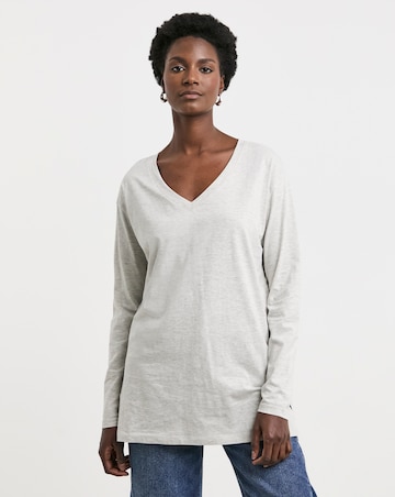 Pure Cotton Long Sleeve Slouch V-Neck Longline Top