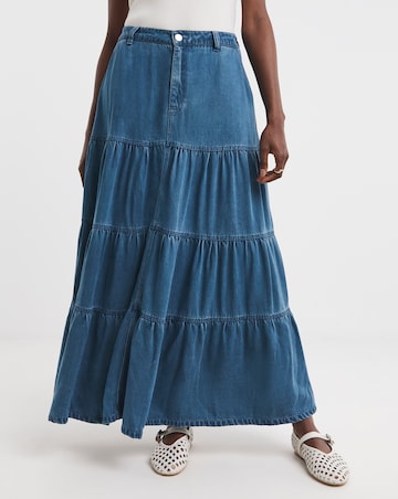 Blue Soft Maxi Tiered Denim Skirt with Tencel TM Lyocell