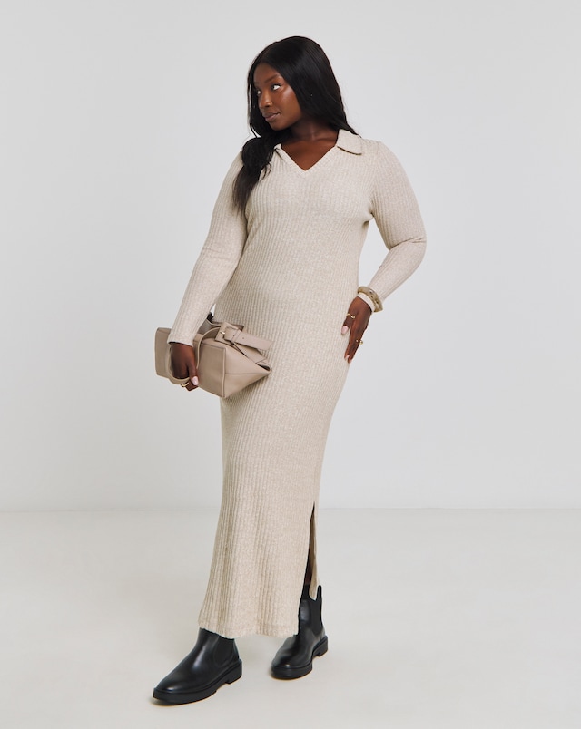 Beige Cosy Rib Collared Maxi Dress