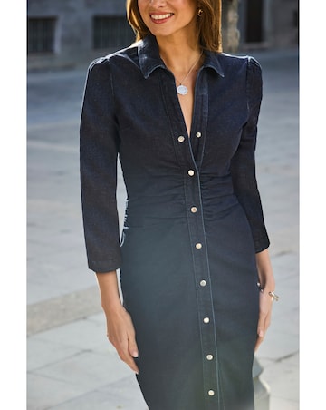 Sosandar 3/4 Sleeve Ruched Waist Popper Dress