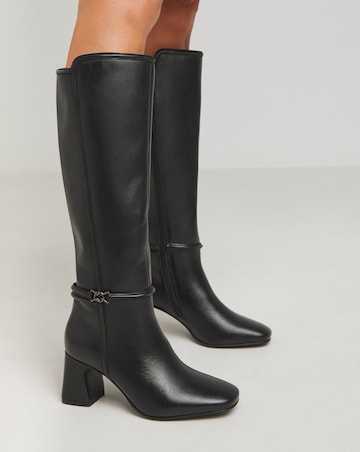 Lainey Leather Knee High Heeled Boots with Trim - Wide Fit (E) & Curvy Calf