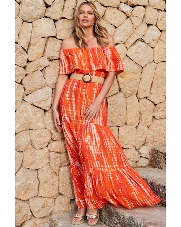 Sosandar Orange Tie Dye Tiered Hem Bardot Maxi Dress