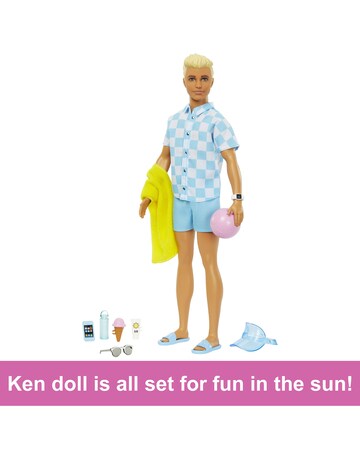 Barbie Ken Doll with Swim Trunks and Beach-Themed Accessories