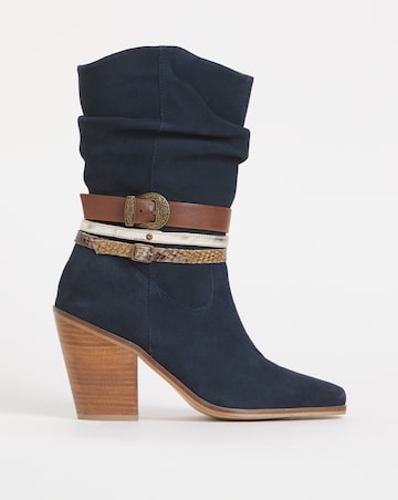 Joe Browns Navy Triple Strap Ruched Suede Cowboy Boot -Wide Fit (E)