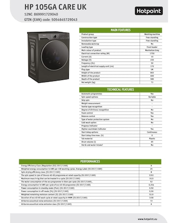 Hotpoint HP 105GA CARE UK Fabric Care Washing Machine - Grey