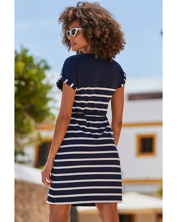 Sosandar Navy Blue Stripe Print Button Shoulder T-shirt Dress