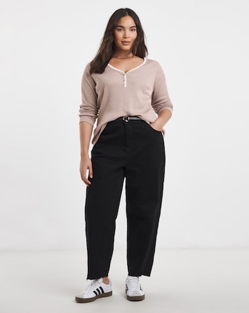Simply Be Mocha Ribbed Henley Top with Whipstitching