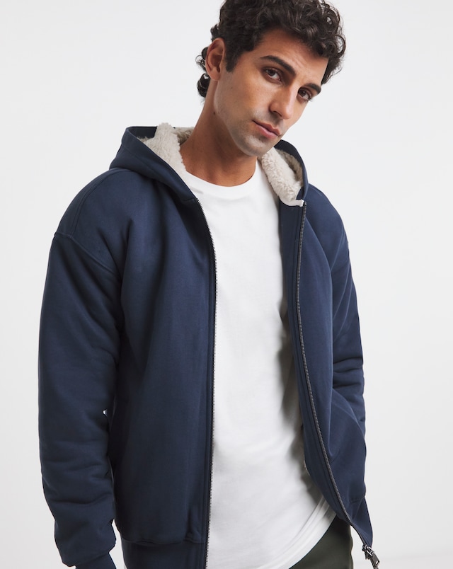 Borg Lined Full Zip Relaxed Hoodie - Navy