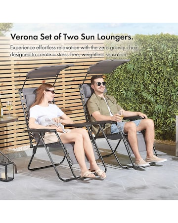 VonHaus Verona Grey Zero Gravity Reclining Garden Chairs with Canopy - Set of 2