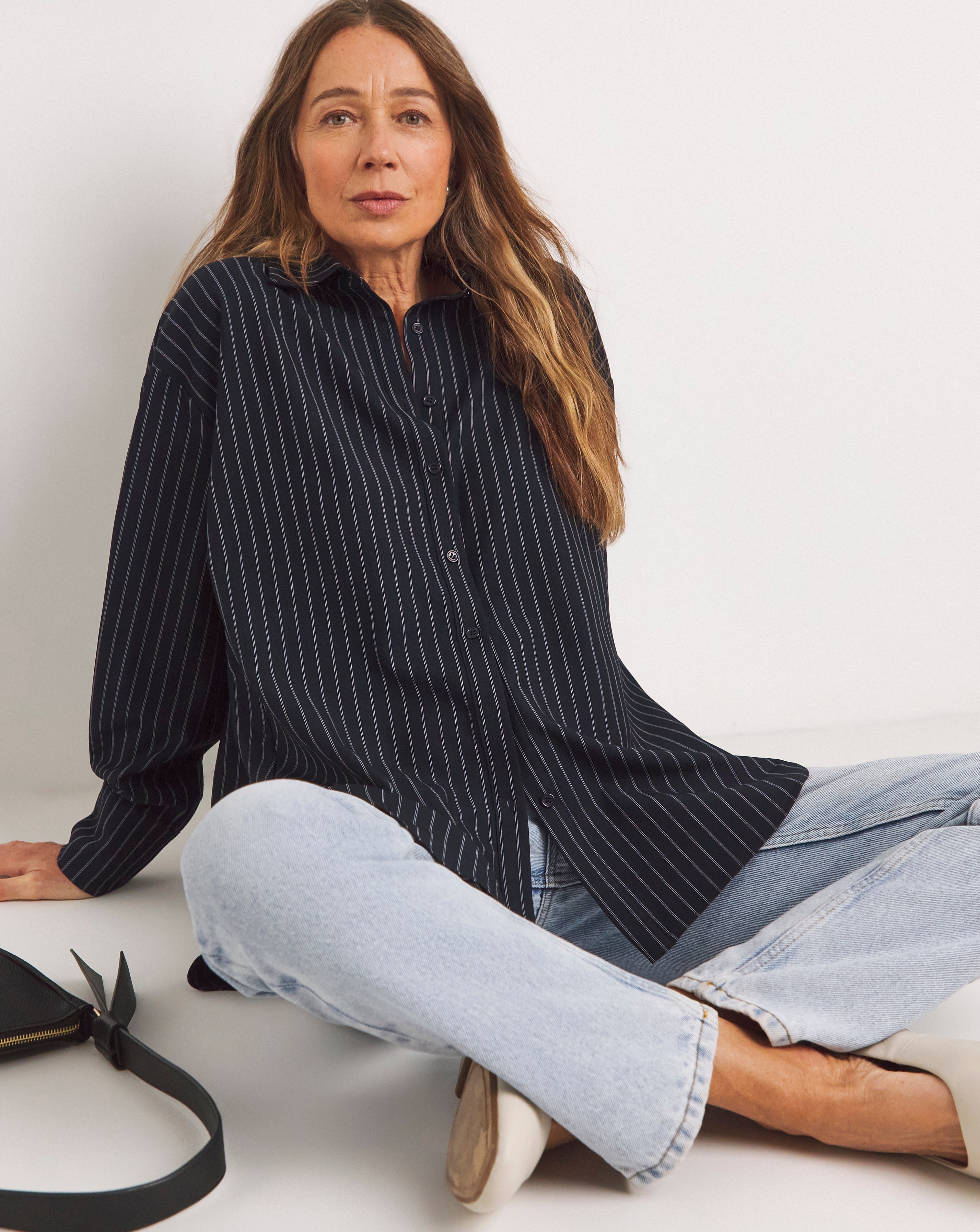 Womens Twill Oversized Long Sleeve Shirt - Navy Pinstripe | JD