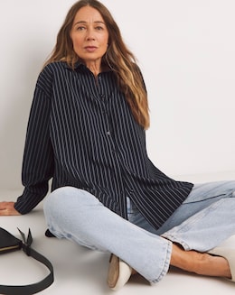 Womens Twill Oversized Long Sleeve Shirt - Navy Pinstripe