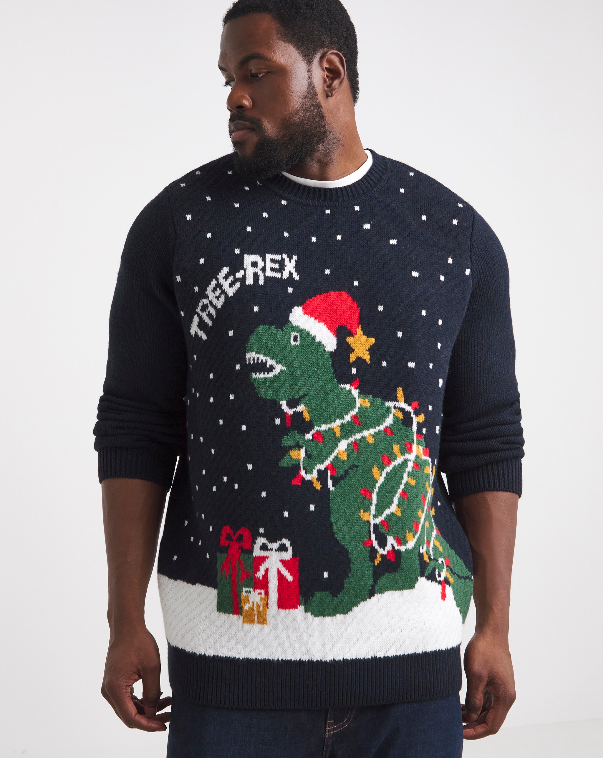 A man wearing a Tree-Rex Christmas jumper