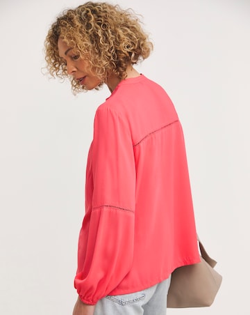 Coral Ladder Trim Long Sleeve Collarless Blouse