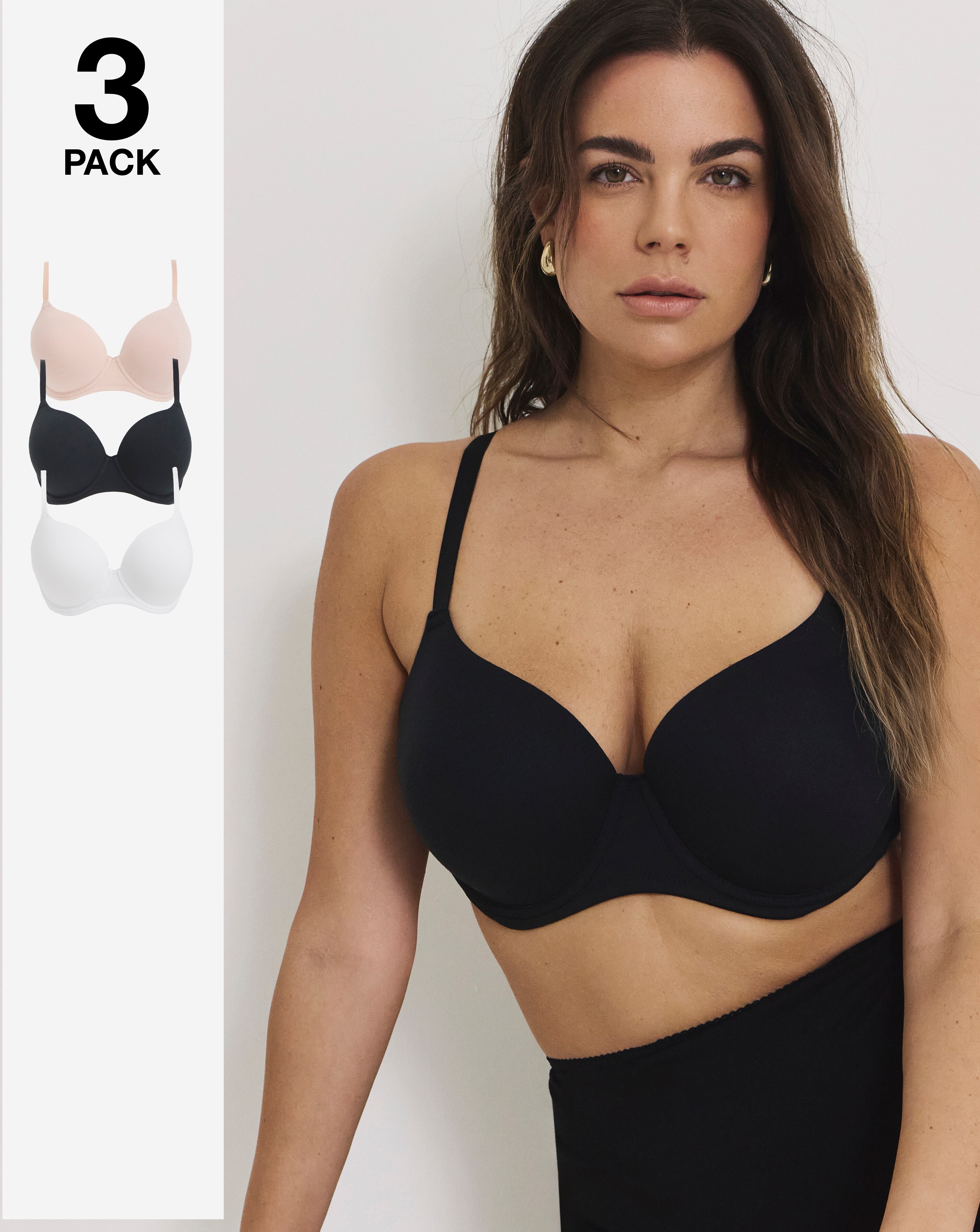 Pretty Secrets (3 Pack) Cotton T-Shirt Wired Bras (B-F) Black/White/Blush