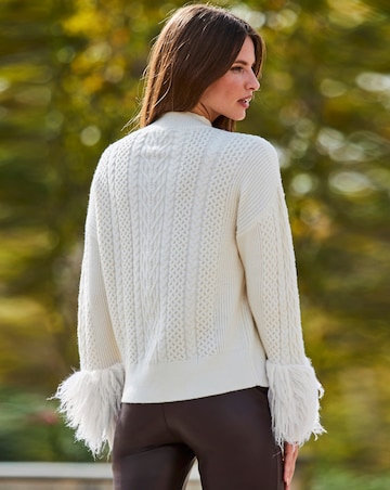 Sosandar Cream Cable High Neck Faux Fur Cuff Jumper