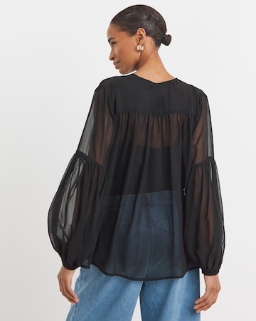 Womens Georgette Tie Detail Collarless Blouse - Black