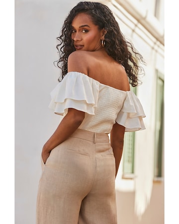 Sosandar Linen Blend Ruffle Sleeve Bardot Top