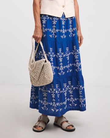 Blue Broderie Tiered Pull On Maxi Skirt