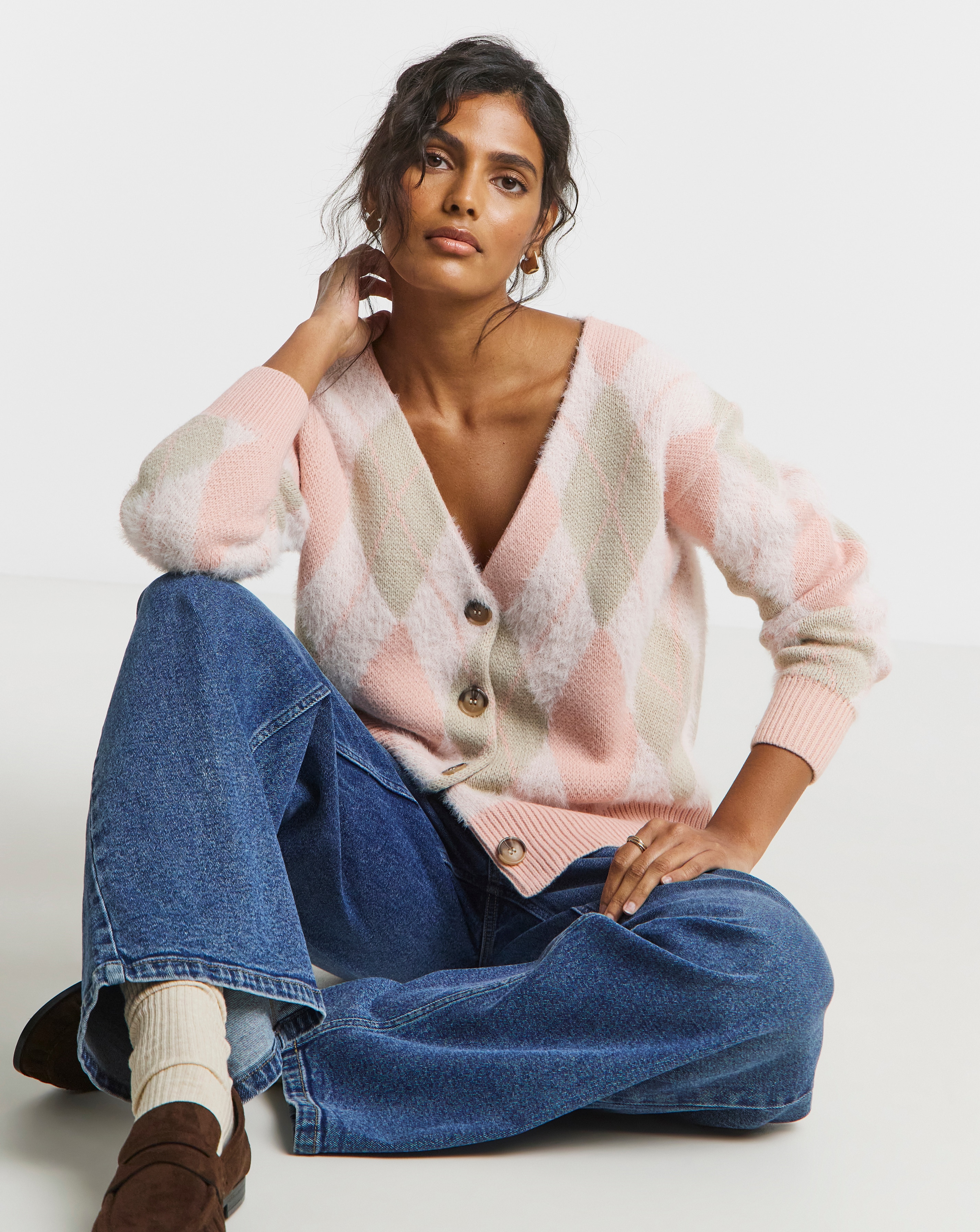 Simply Be Pink Fluffy Argyle Boyfriend Cardigan | JD Williams