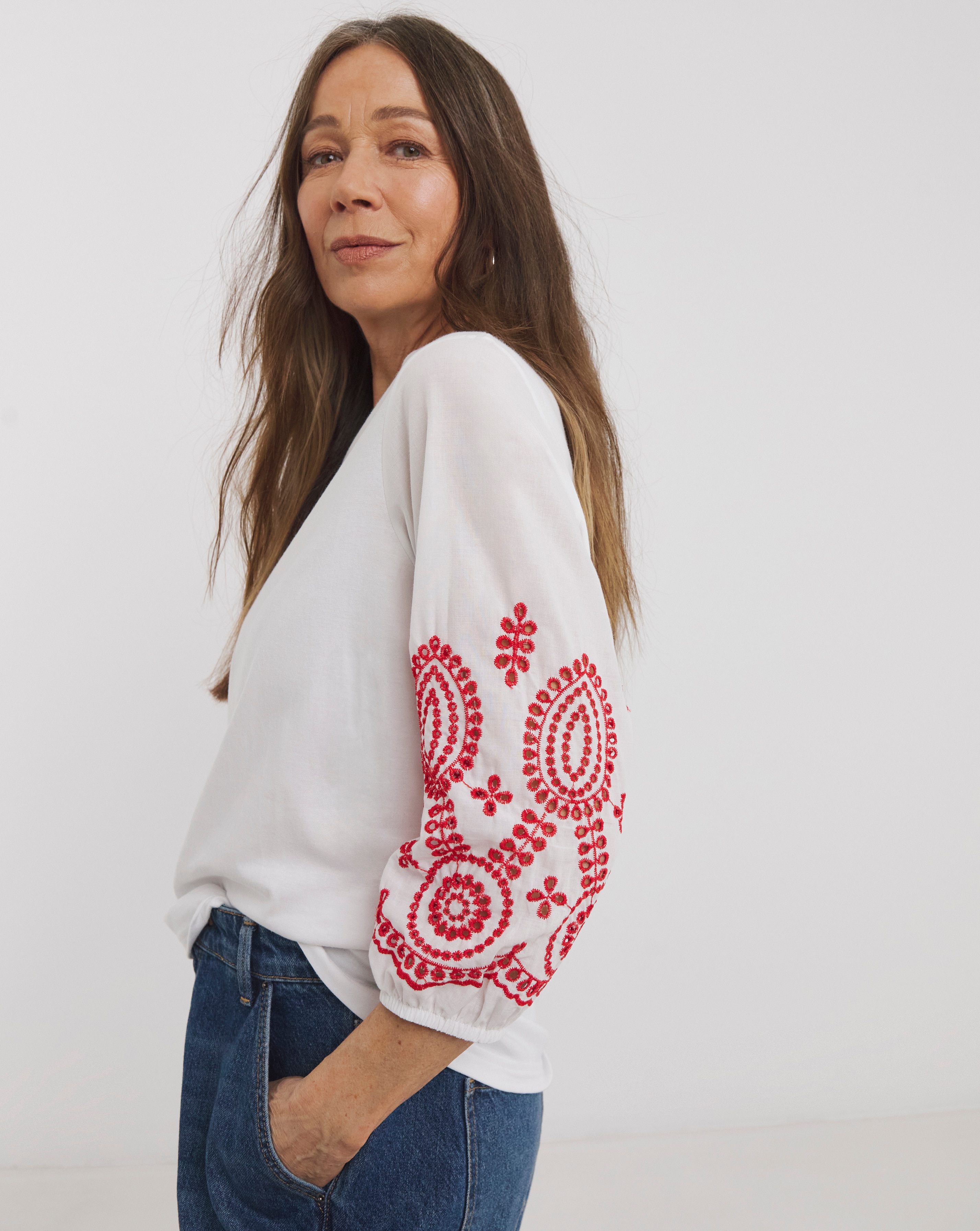 Pure Cotton Broderie 3/4 Length Sleeve Crew Neck Top