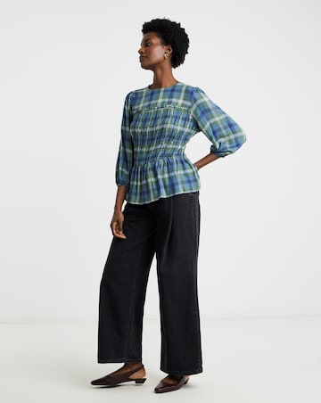 Shirred Round Neck Three Quarter Sleeve Blouse