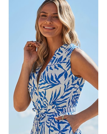 Sosandar White & Blue Palm Print Zip Front Stretch Waist Dress
