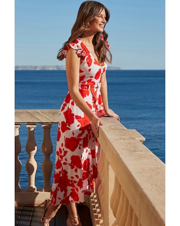 Sosandar Red & Ivory Floral Print Ruffle Hem Midi Dress