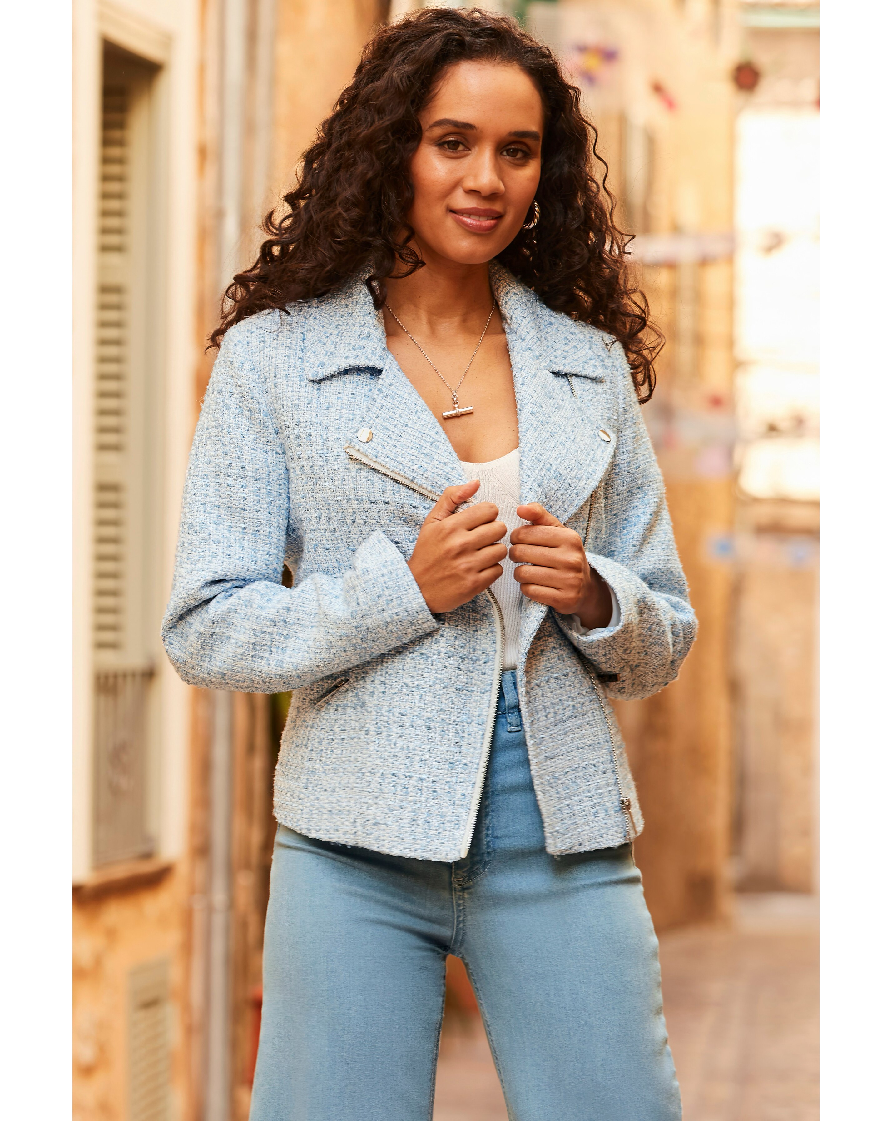 Sosandar Boucle Biker Jacket with Gold Zip | JD Williams