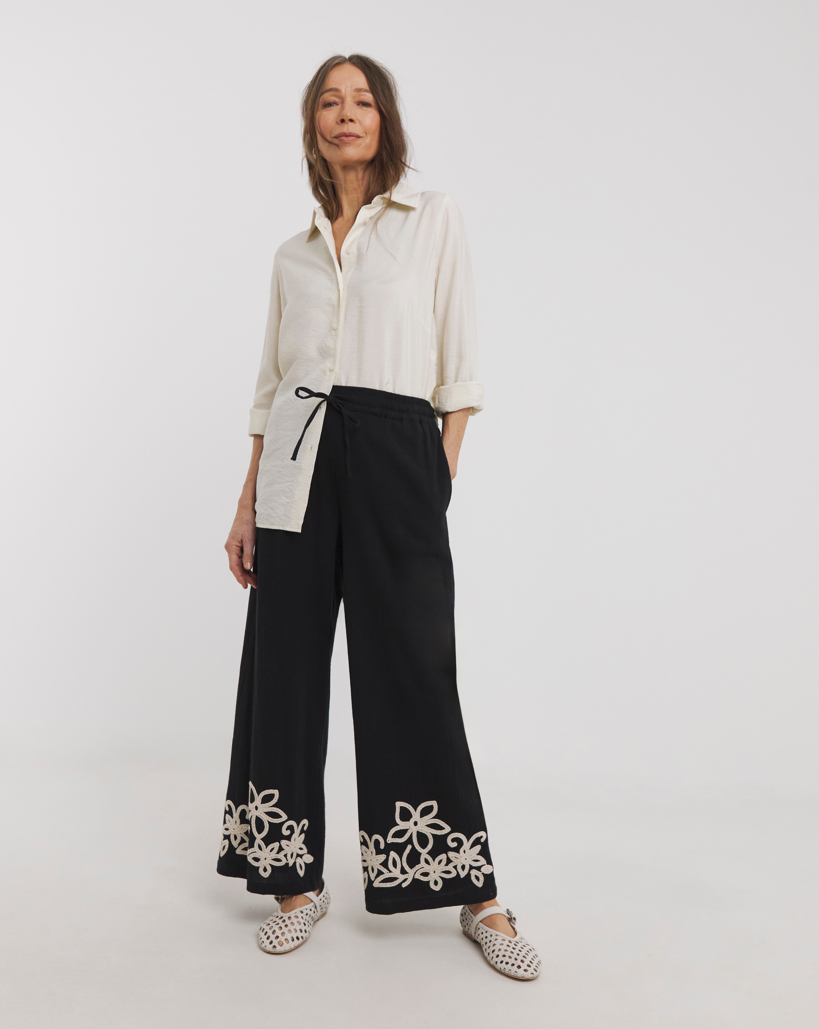 Black Cotton Cornelli Embroidered Wide Leg Trousers | JD Williams
