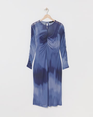 Printed Mesh Ruched Midi Dress