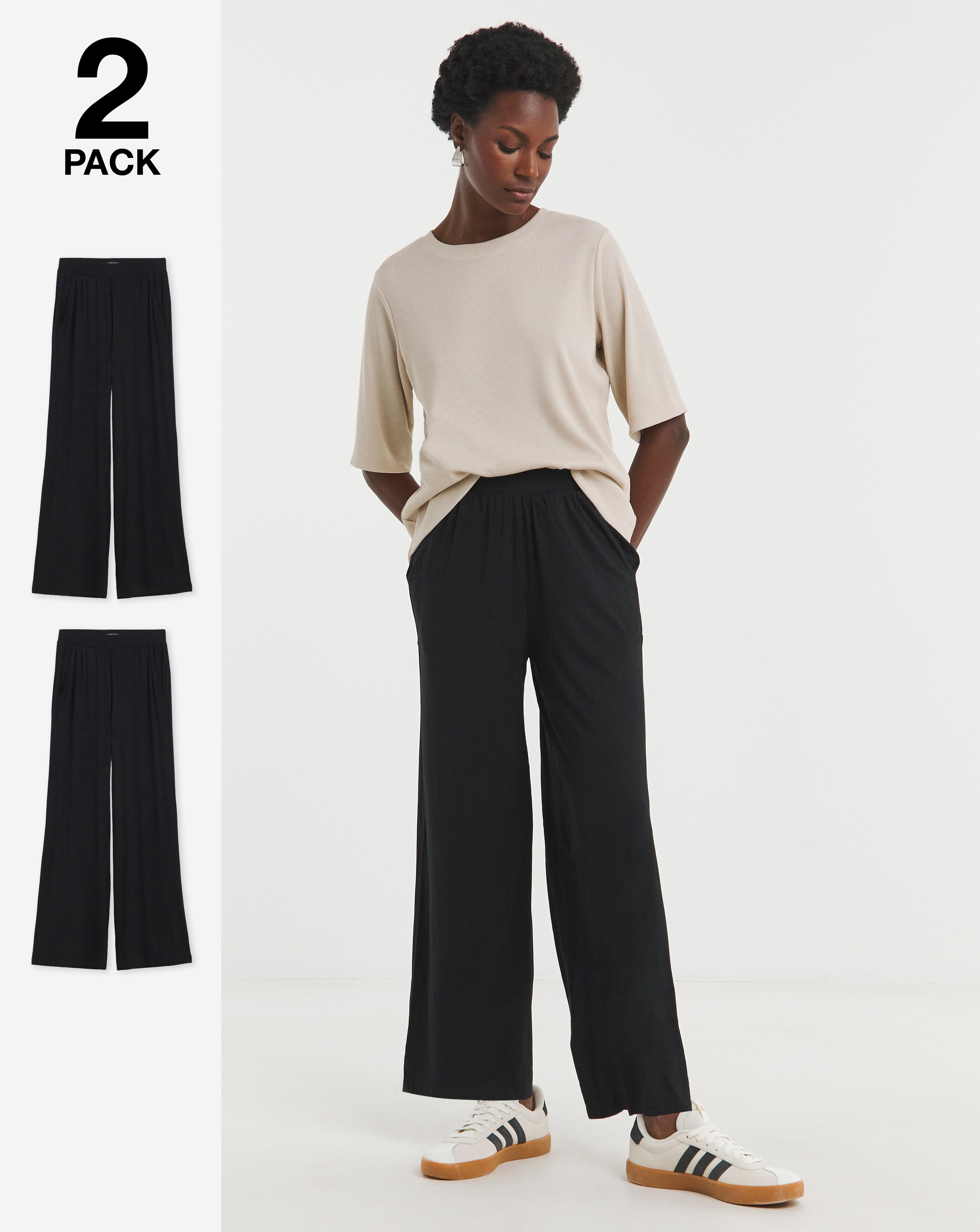 2 Pack Black Jersey Wide Leg Trousers