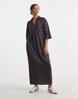 Collarless Placket 3/4 Sleeve Smock Dress