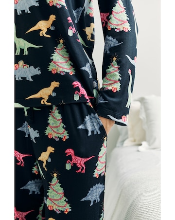 Chelsea Peers Jersey Crew Neck Christmas Dinosaur Print Pyjama Set