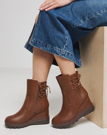 Frankie Lace Back Detail Wedged Ankle Boots - Wide Fit (E)