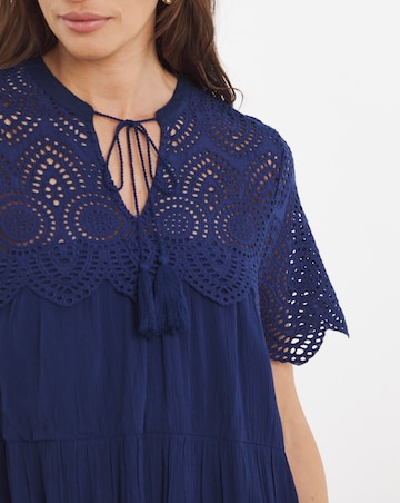 Crinkle Broderie Trim Smock Dress