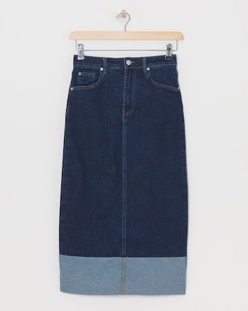 Raw Indigo Stretch Turn Up Midi Denim Skirt