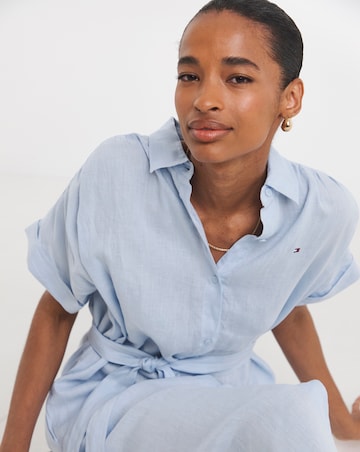 Tommy Hilfiger Linen Belted Short Sleeve Midi Dress