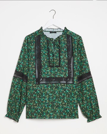 Premium Lace Trim Detail Tie Neck Blouse