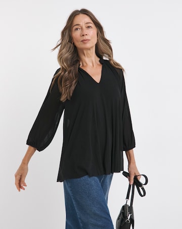 Black V Neck Mesh Blouse