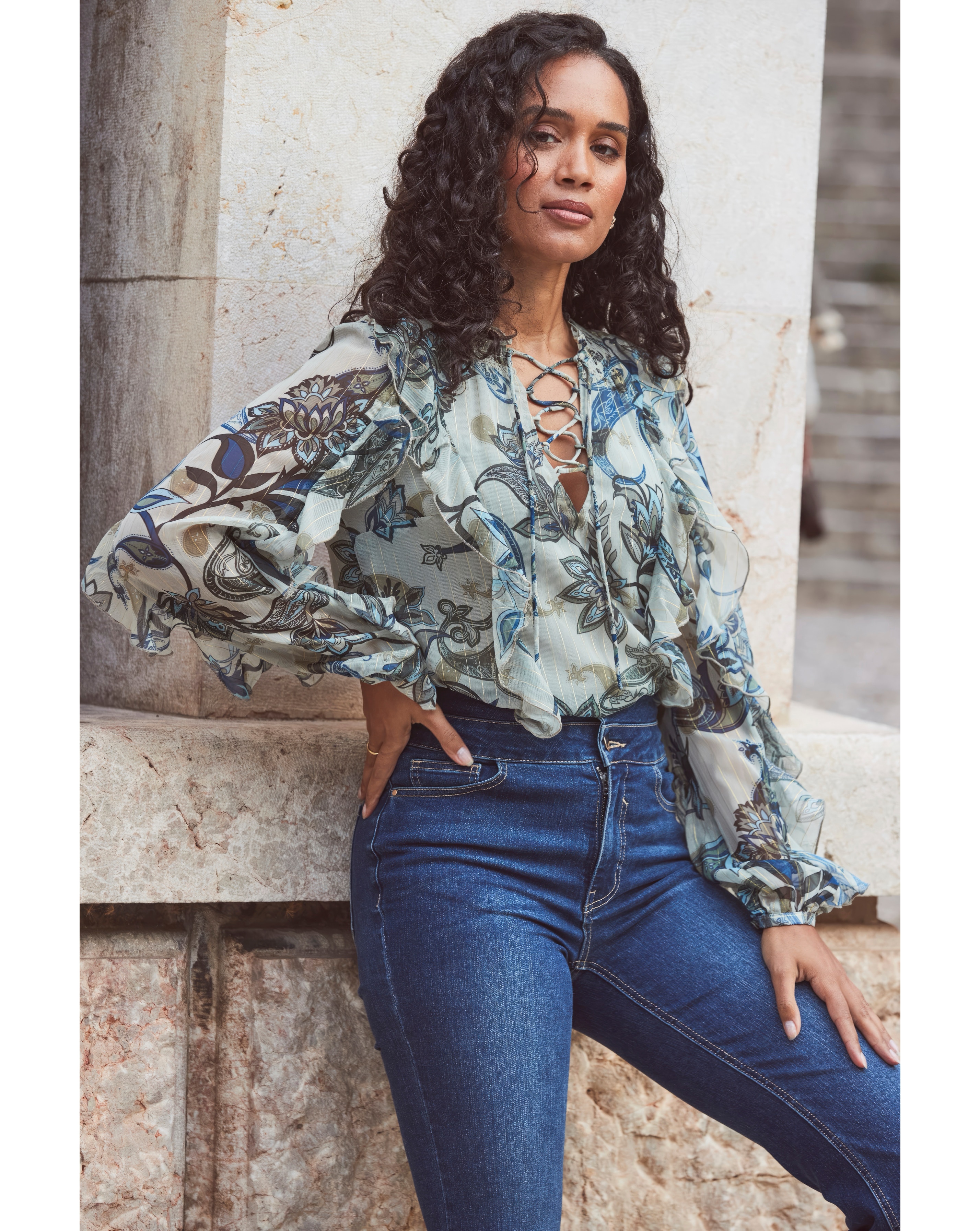 Sosandar Paisley Floral Print Metallic Stripe Blouse With Lace Up