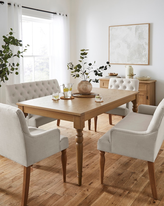 Margot Wooden Dining Table with 2 Mae Benches & 2 Mae Chairs