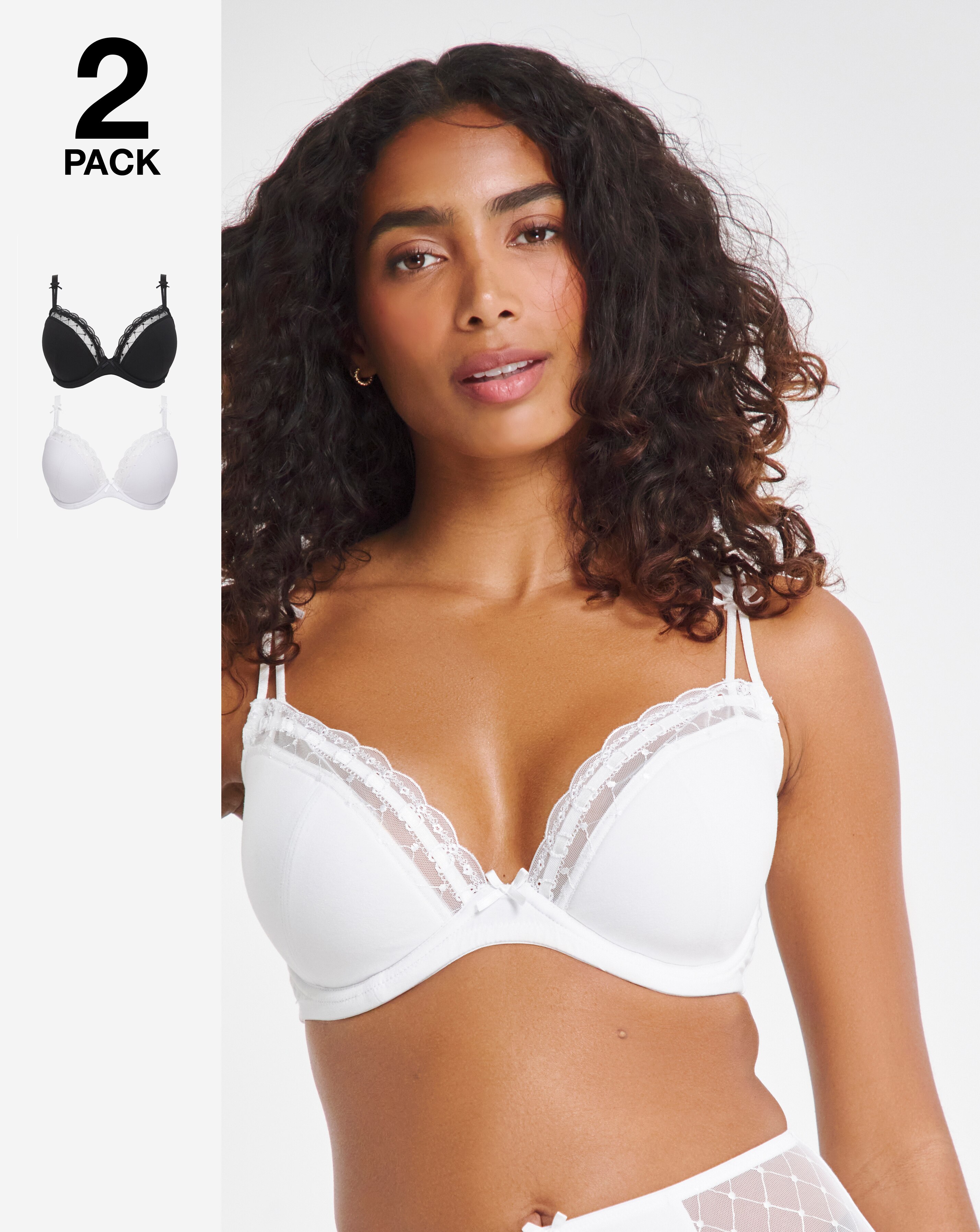Pretty Secrets (2 Pack) Rachel Everyday Padded Plunge Wired Bras (B-F) Blk/Wht