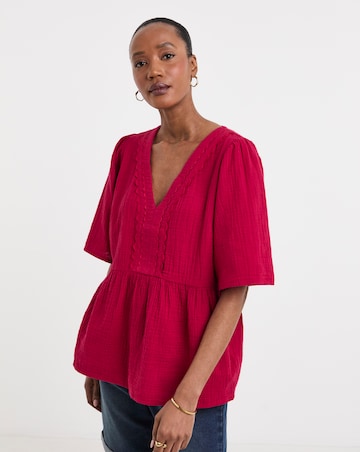 Trim Detail Pure Cotton Textured Short Sleeve Smock Top