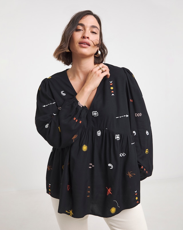 Simply Be Black Embroidered Smock Blouse