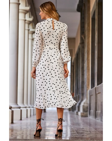 Sosandar Ivory and Black Spot Print Keyhole Detail Belted Fit and Flare Dress
