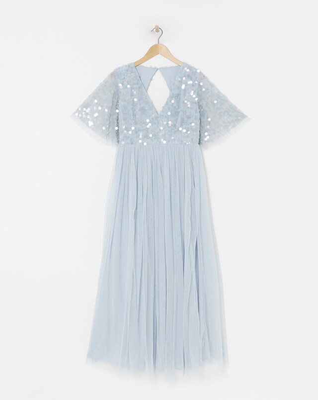 Maya Curve V Neck Delicate Disc Sequin Tulle Maxi Dress