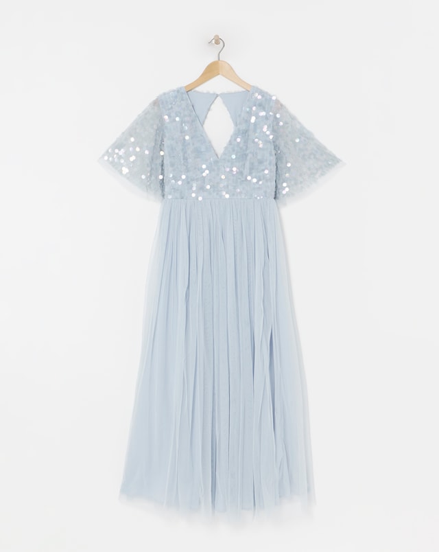 maya delicate sequin tiered midi dress Maya Deluxe Puff Sleeve Delicate Sequin Ruffle Midi Dress